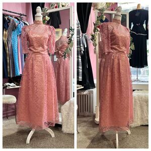 Vintage 70s 80s Lace Maxi Dress Pink Puff Sleeves Cottage Prairie Romantic XS
